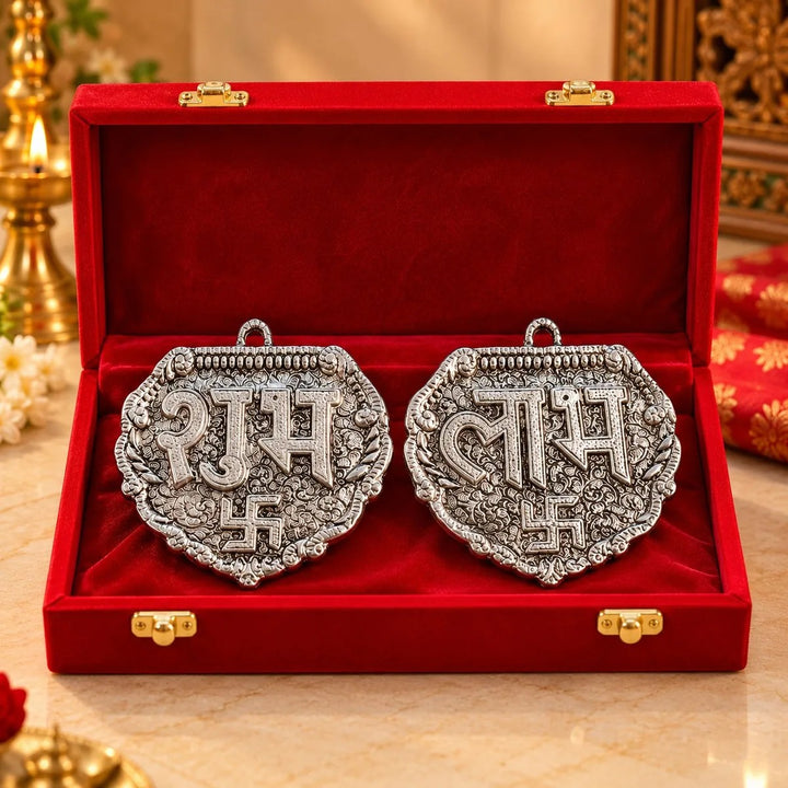 Shubh Labh Silver Finish Hanging Pair in Velvet Box