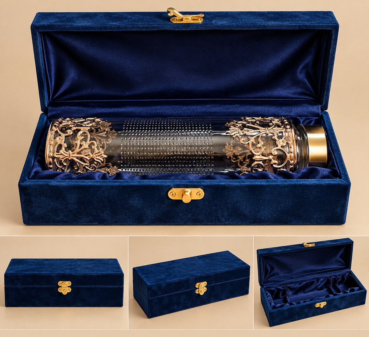 Gold Filigree Glass Water Bottle 500 ml in Velvet Box