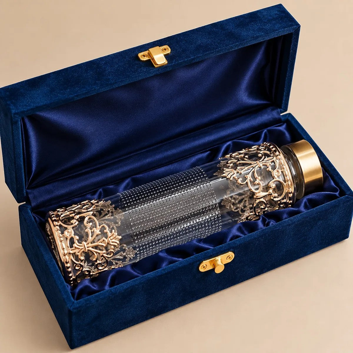 Gold Filigree Glass Water Bottle 500 ml in Velvet Box