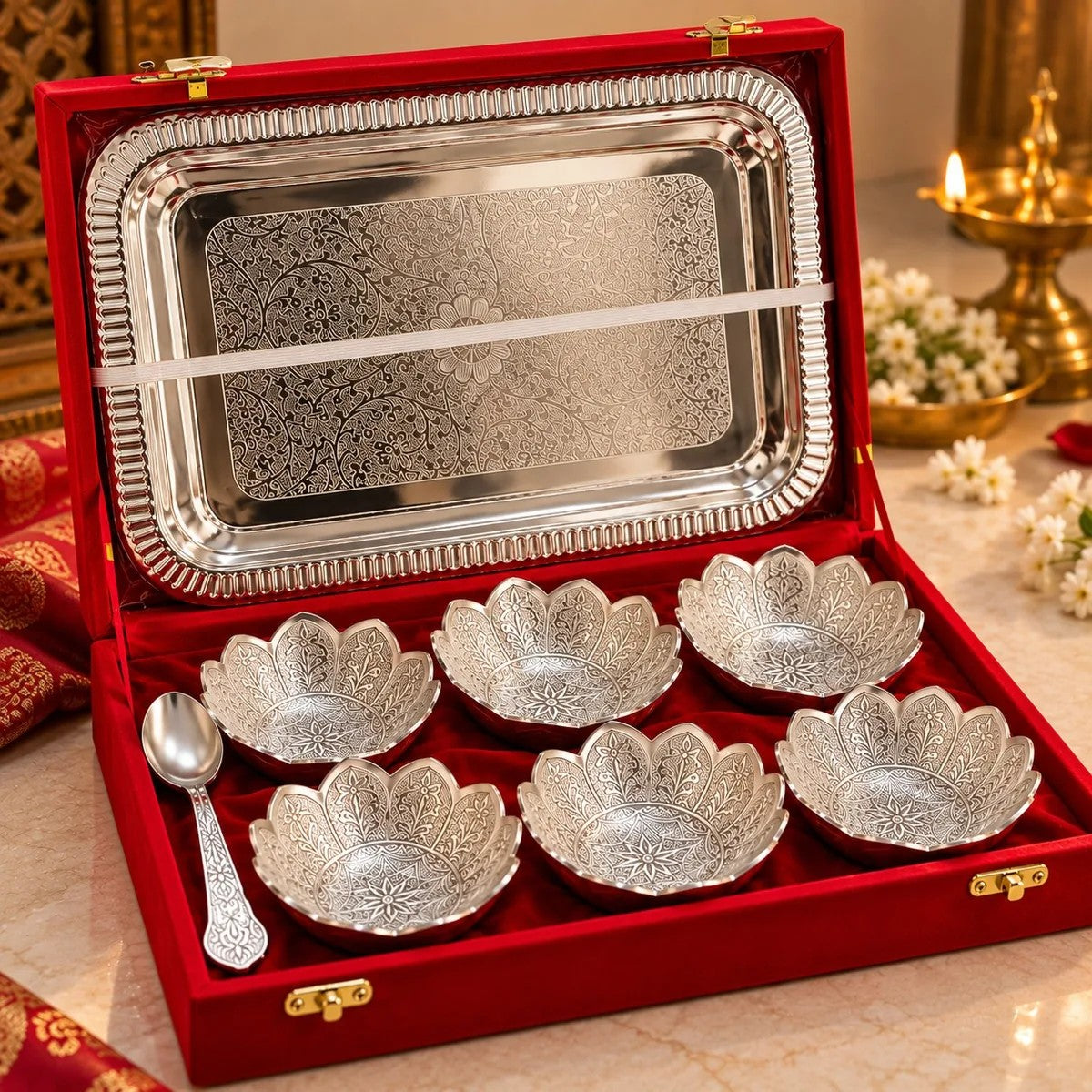 Silver Finish Lotus Bowl & Tray Gift Set: 6 Bowls, Tray & Spoon