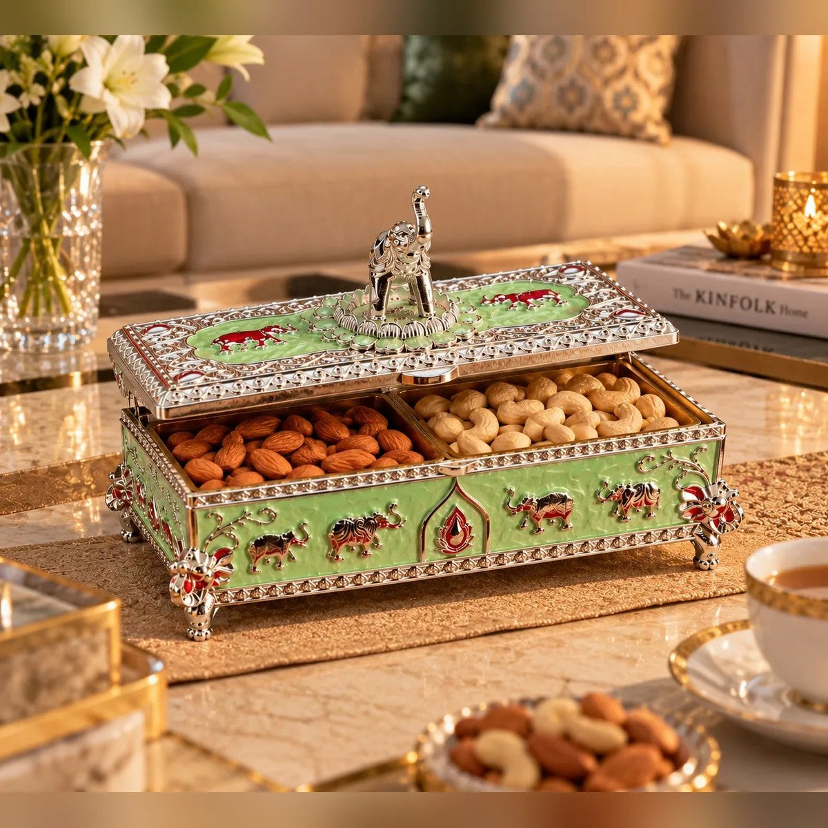Meenakari Dry Fruit Box with Elephant Top, 2 Compartments