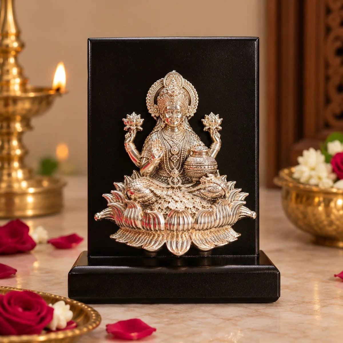 Silver Finish Laxmi Ji Frame on Black Stand