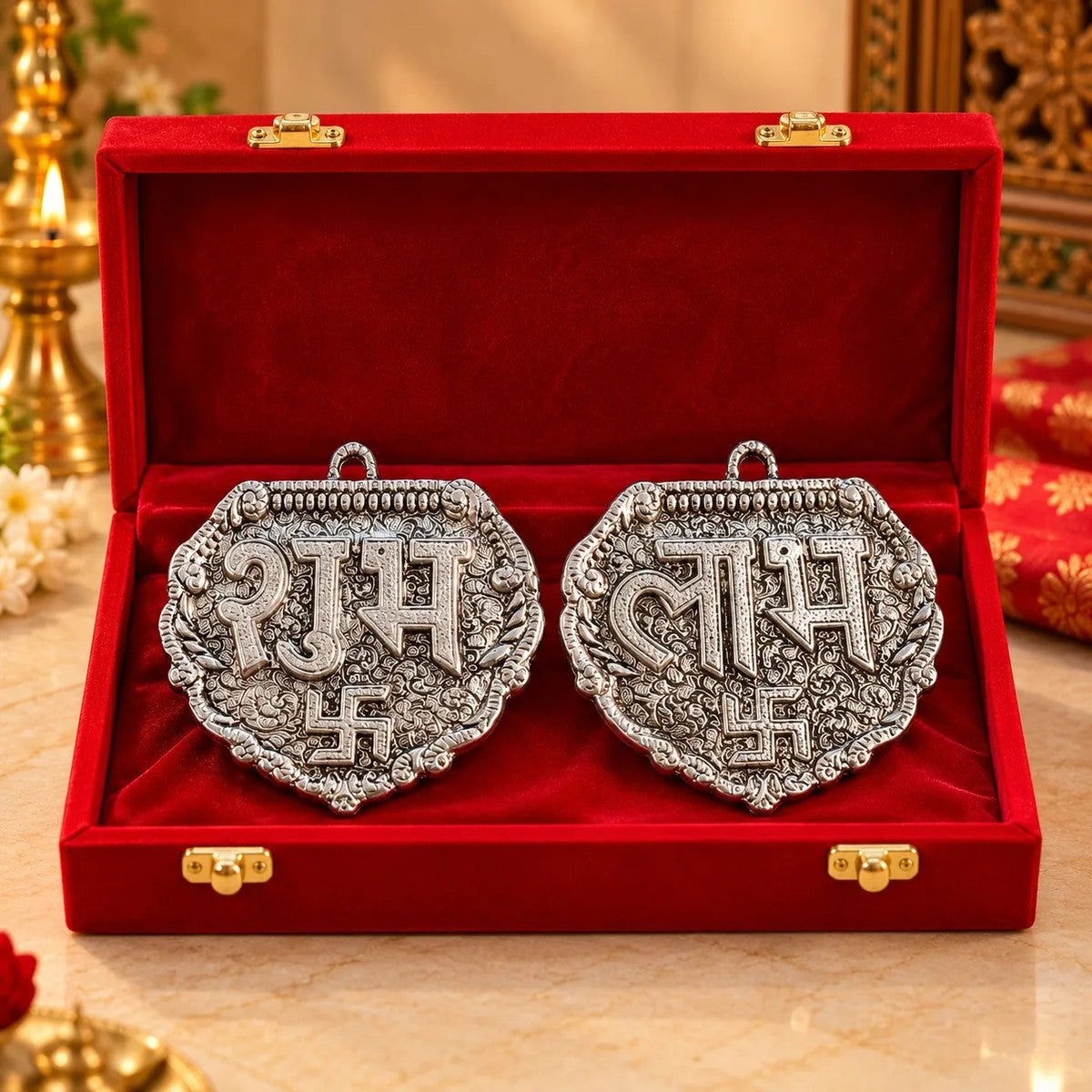 Shubh Labh Silver Finish Hanging Pair in Velvet Box
