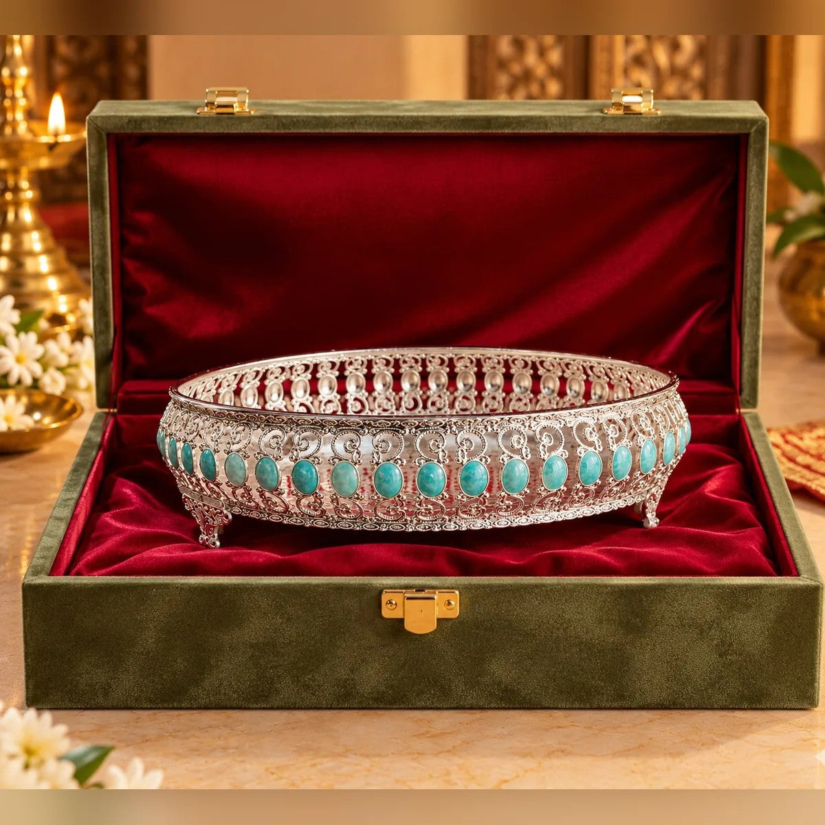 Silver Finish Jali Urli with Turquoise Stones, 10 Inch