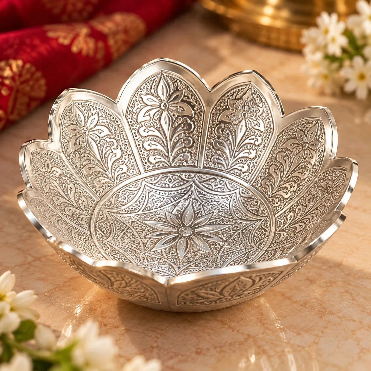 Silver Finish Lotus Bowl & Tray Gift Set: 6 Bowls, Tray & Spoon