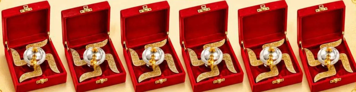 Swastik Silver-Gold Diya Set of 6, Each in Its Own Velvet Box