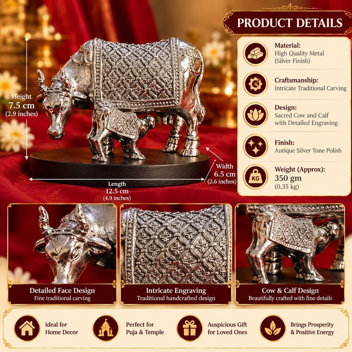 Antique Silver Finish Kamdhenu Cow & Calf Idol with Base
