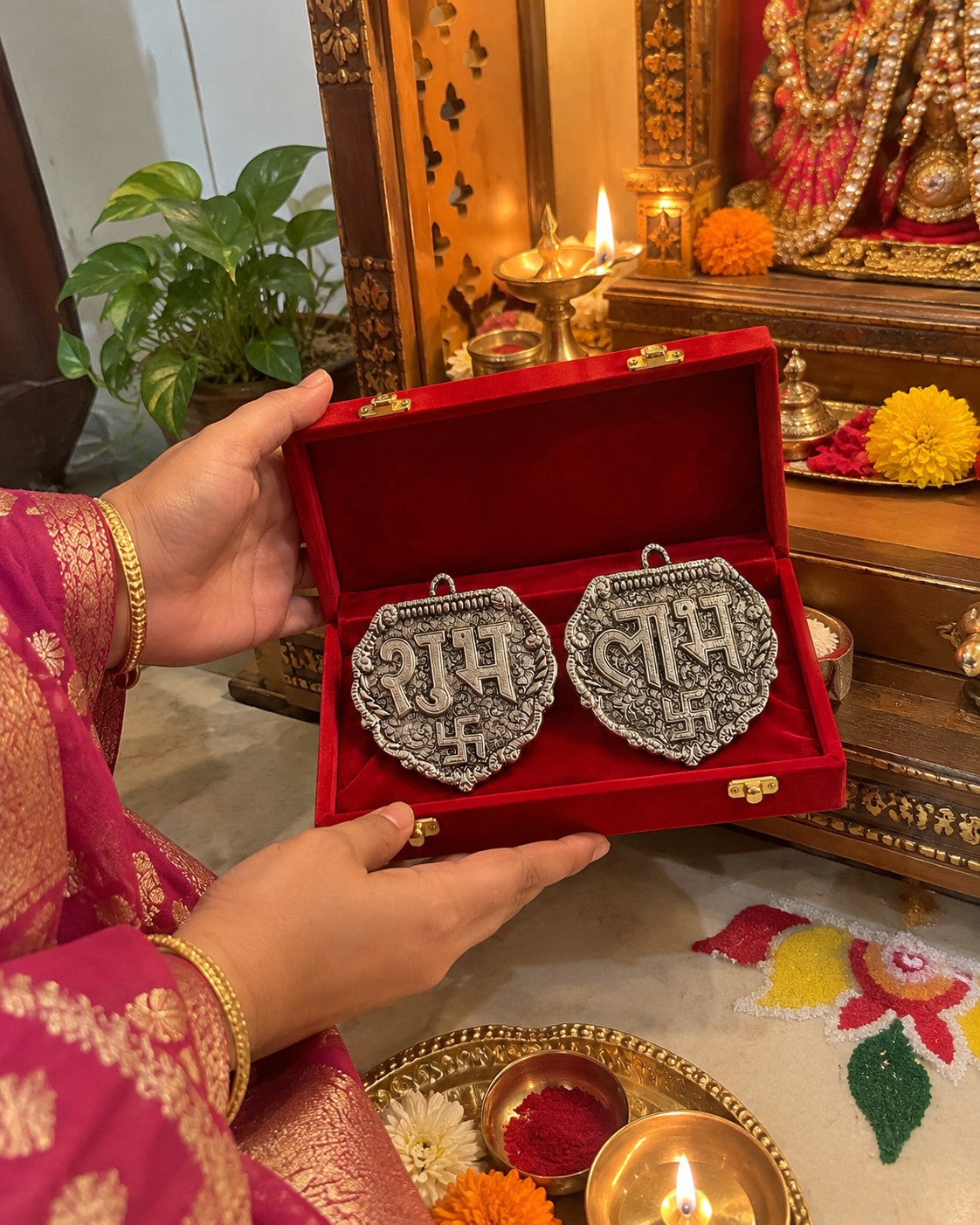 Shubh Labh Silver Finish Hanging Pair in Velvet Box