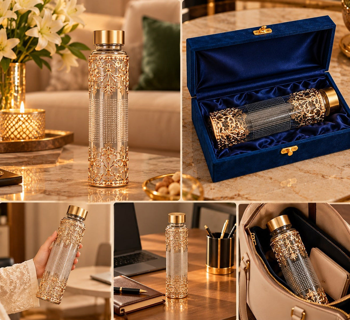 Gold Filigree Glass Water Bottle 500 ml in Velvet Box
