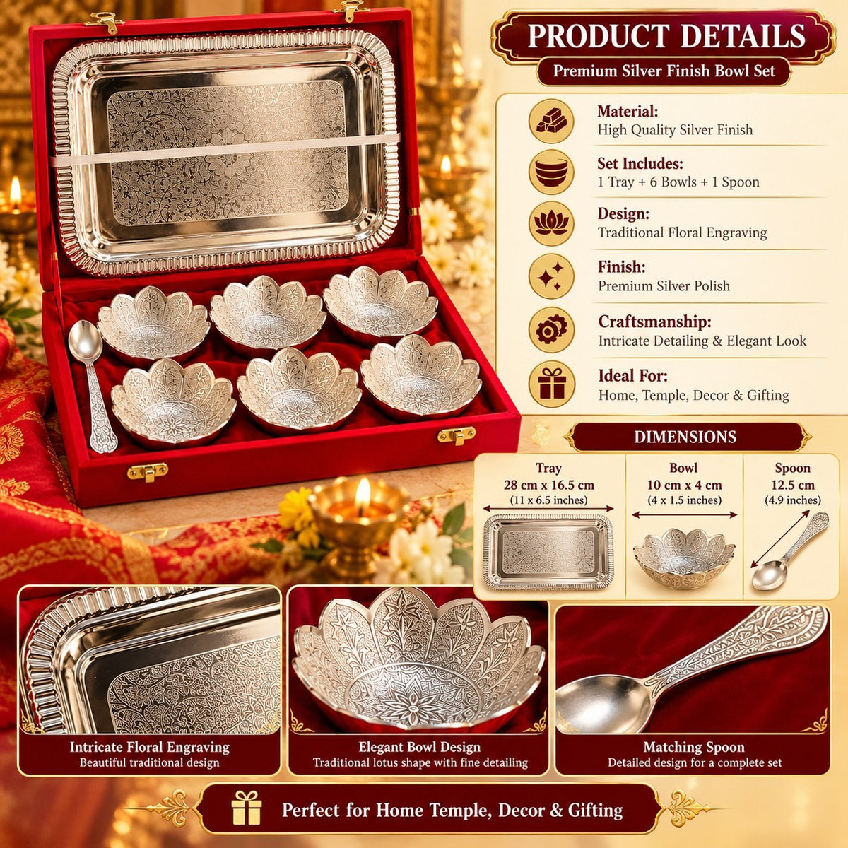 Silver Finish Lotus Bowl & Tray Gift Set: 6 Bowls, Tray & Spoon