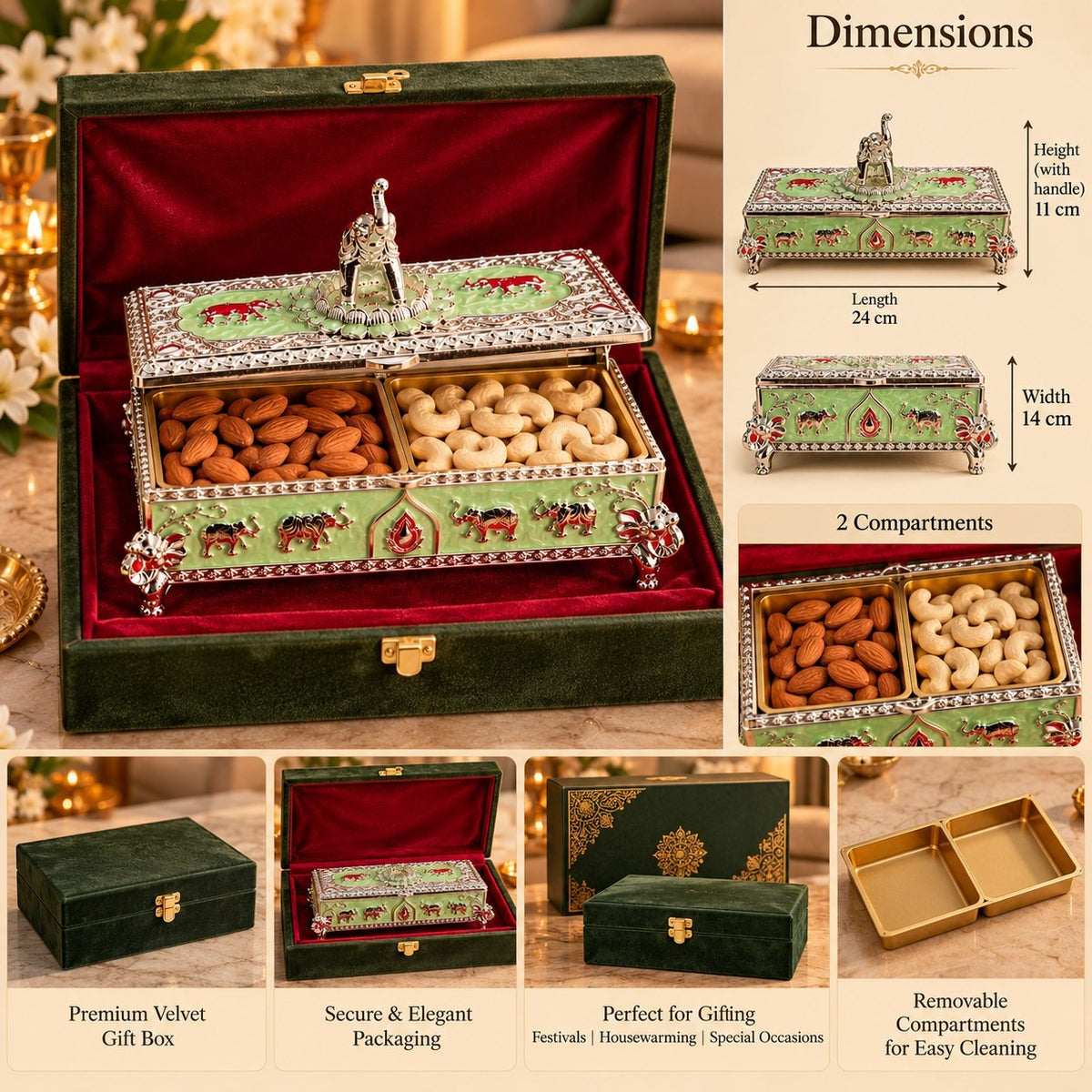 Meenakari Dry Fruit Box with Elephant Top, 2 Compartments