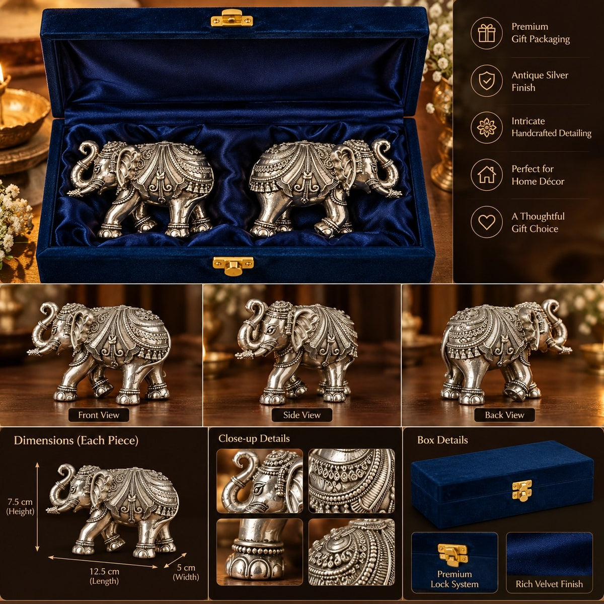 Premium Antique Silver Finish Elephant Pair, 3 Inch