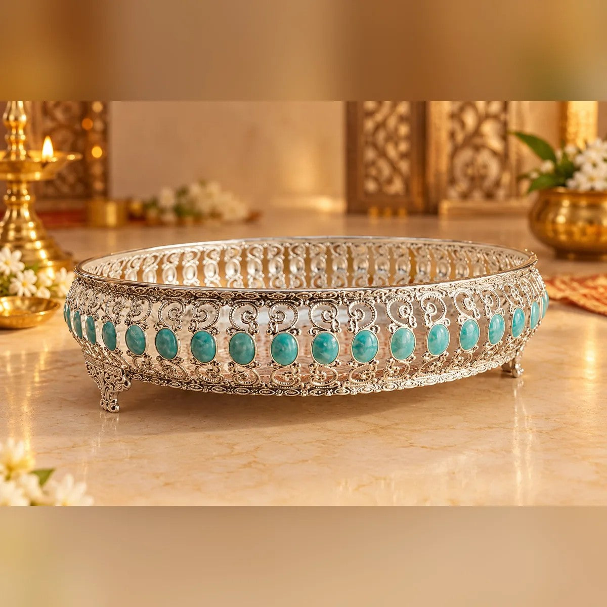 Silver Finish Jali Urli with Turquoise Stones, 10 Inch