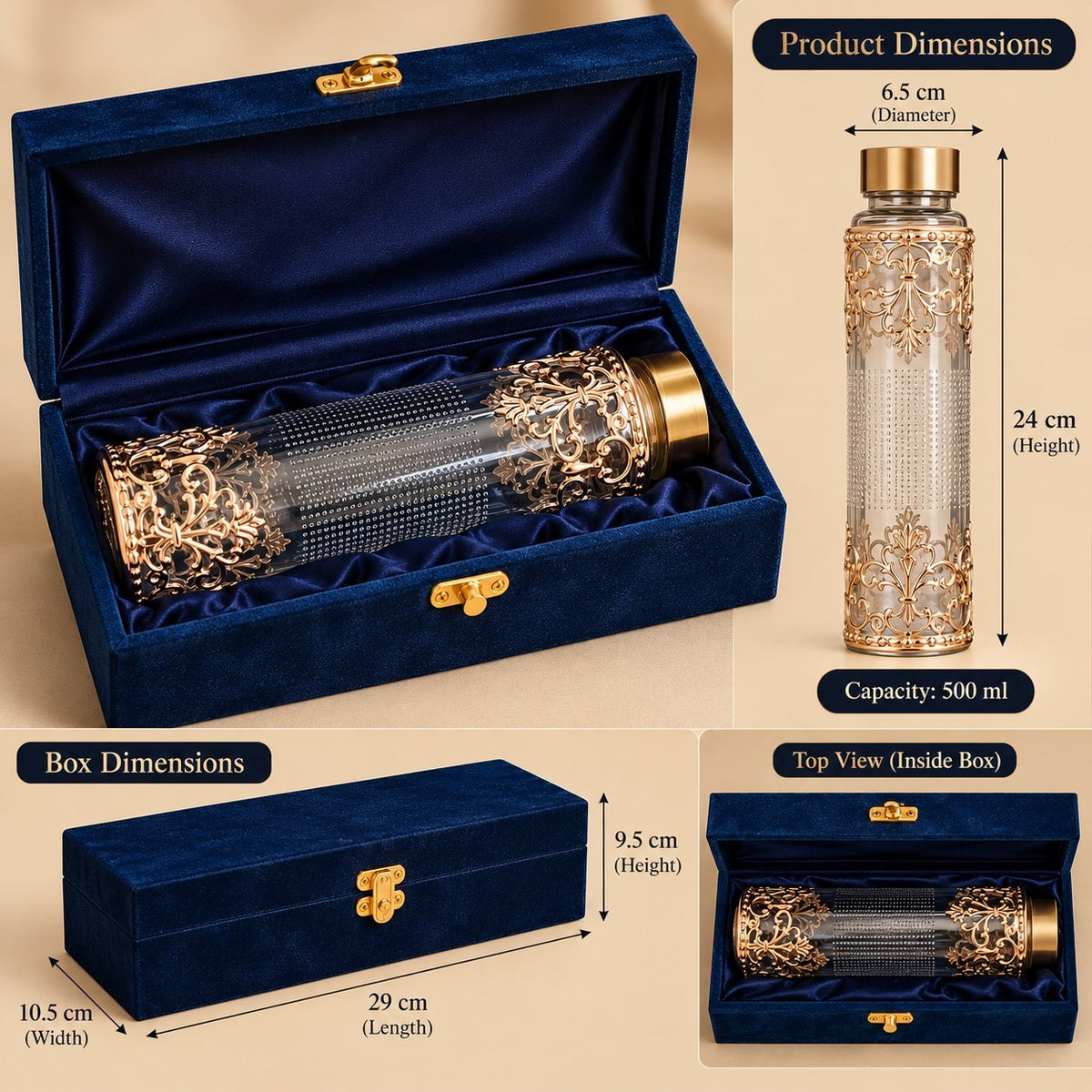 Gold Filigree Glass Water Bottle 500 ml in Velvet Box