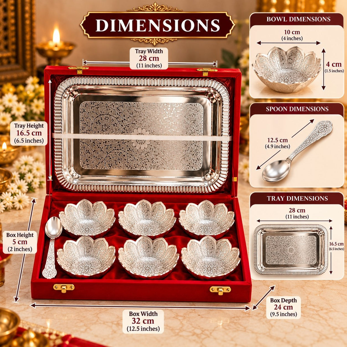 Silver Finish Lotus Bowl & Tray Gift Set: 6 Bowls, Tray & Spoon