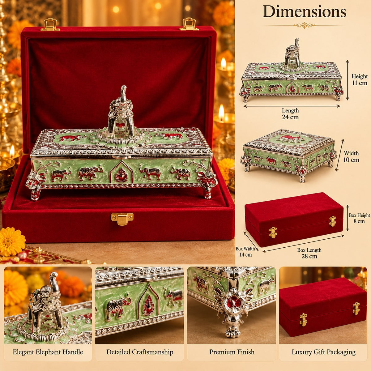 Meenakari Dry Fruit Box with Elephant Top, 2 Compartments