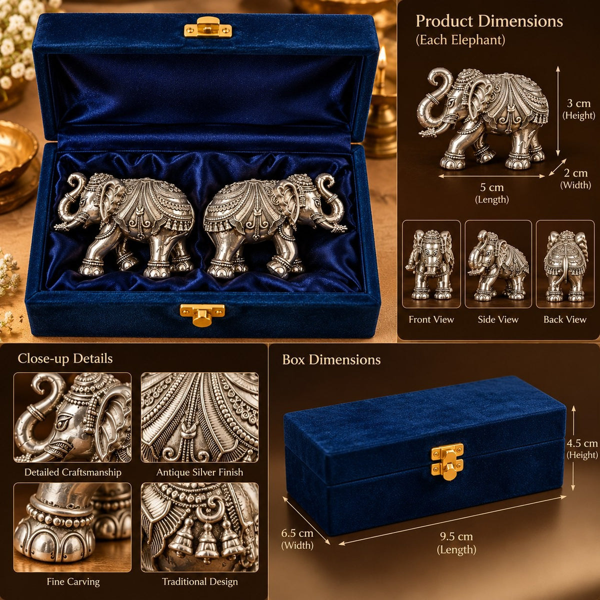 Premium Antique Silver Finish Elephant Pair, 3 Inch