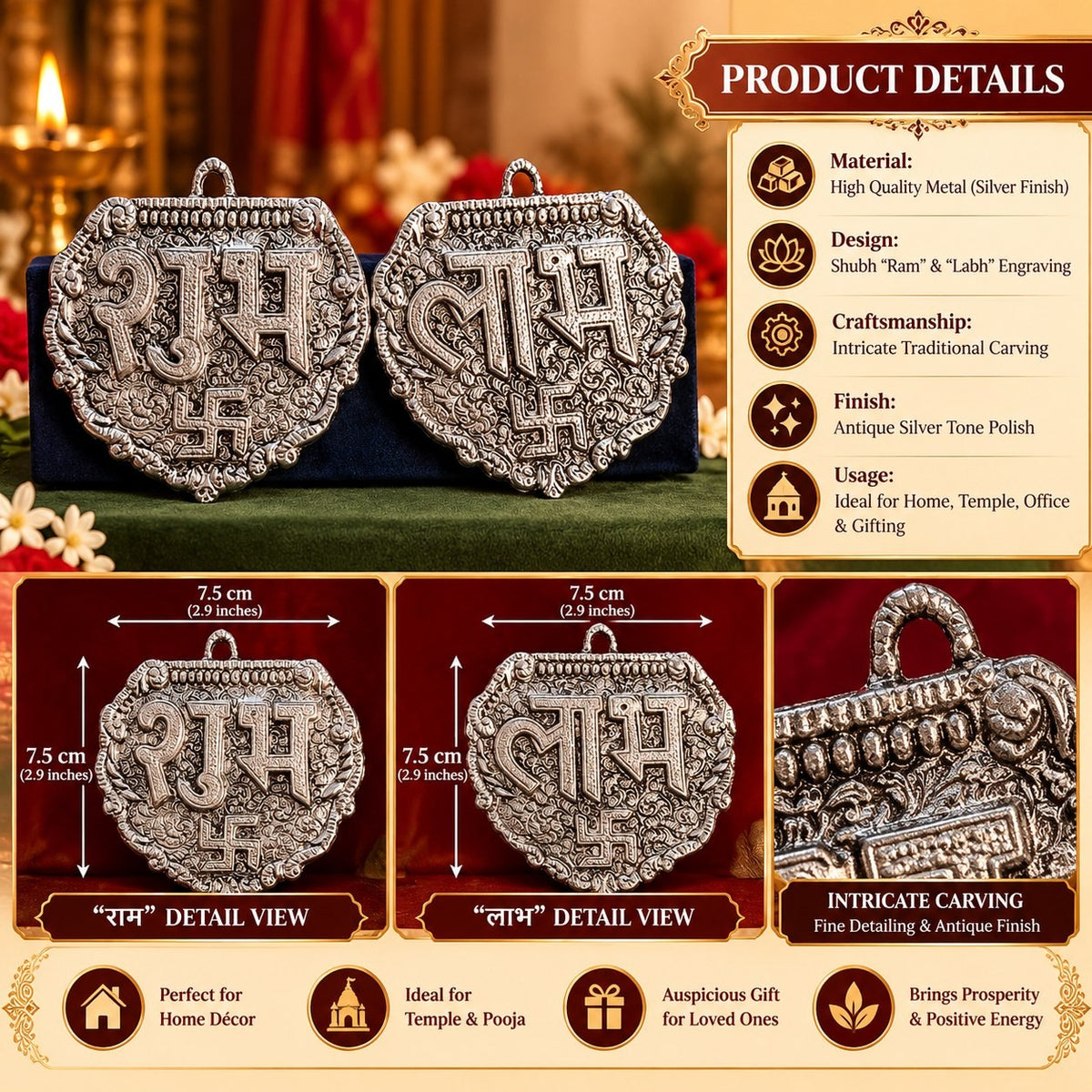 Shubh Labh Silver Finish Hanging Pair in Velvet Box
