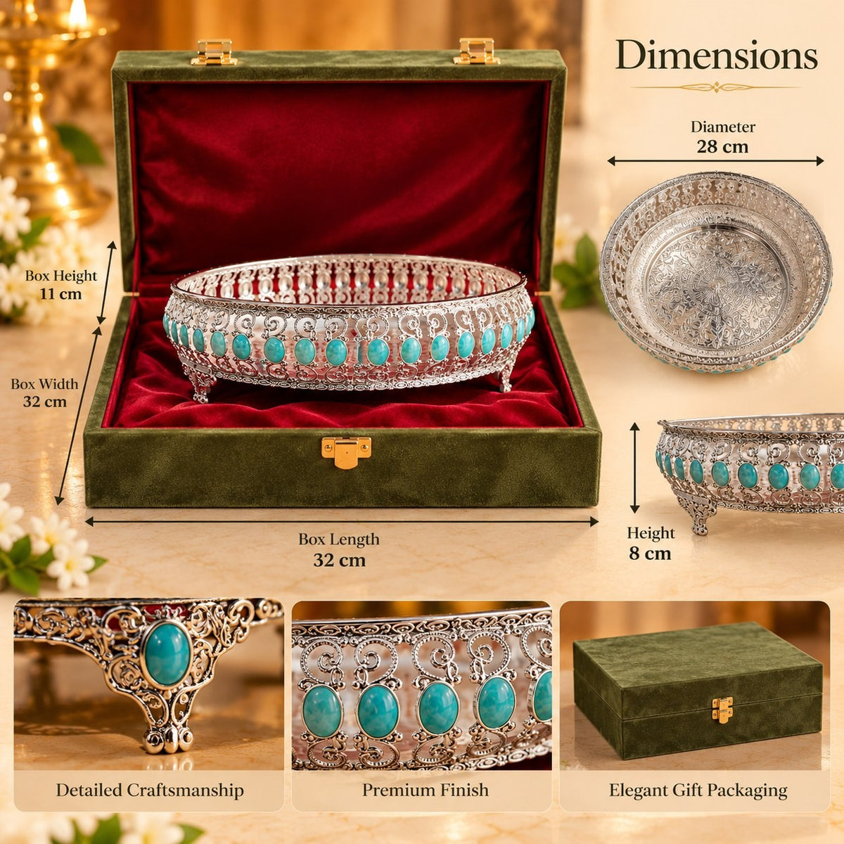 Silver Finish Jali Urli with Turquoise Stones, 10 Inch