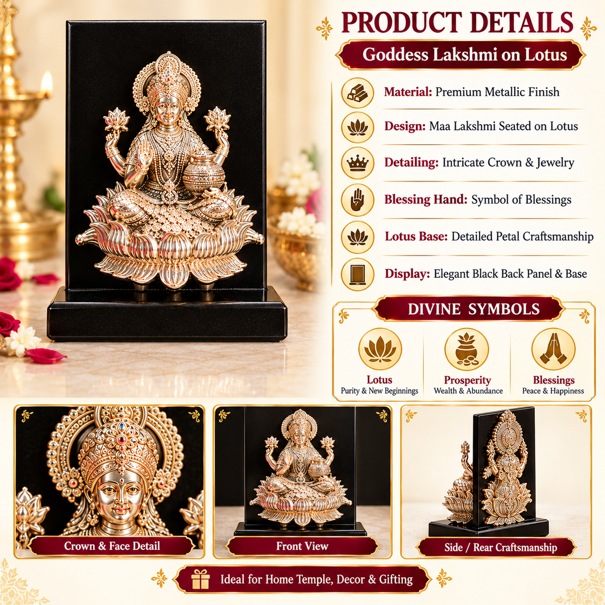 Silver Finish Laxmi Ji Frame on Black Stand