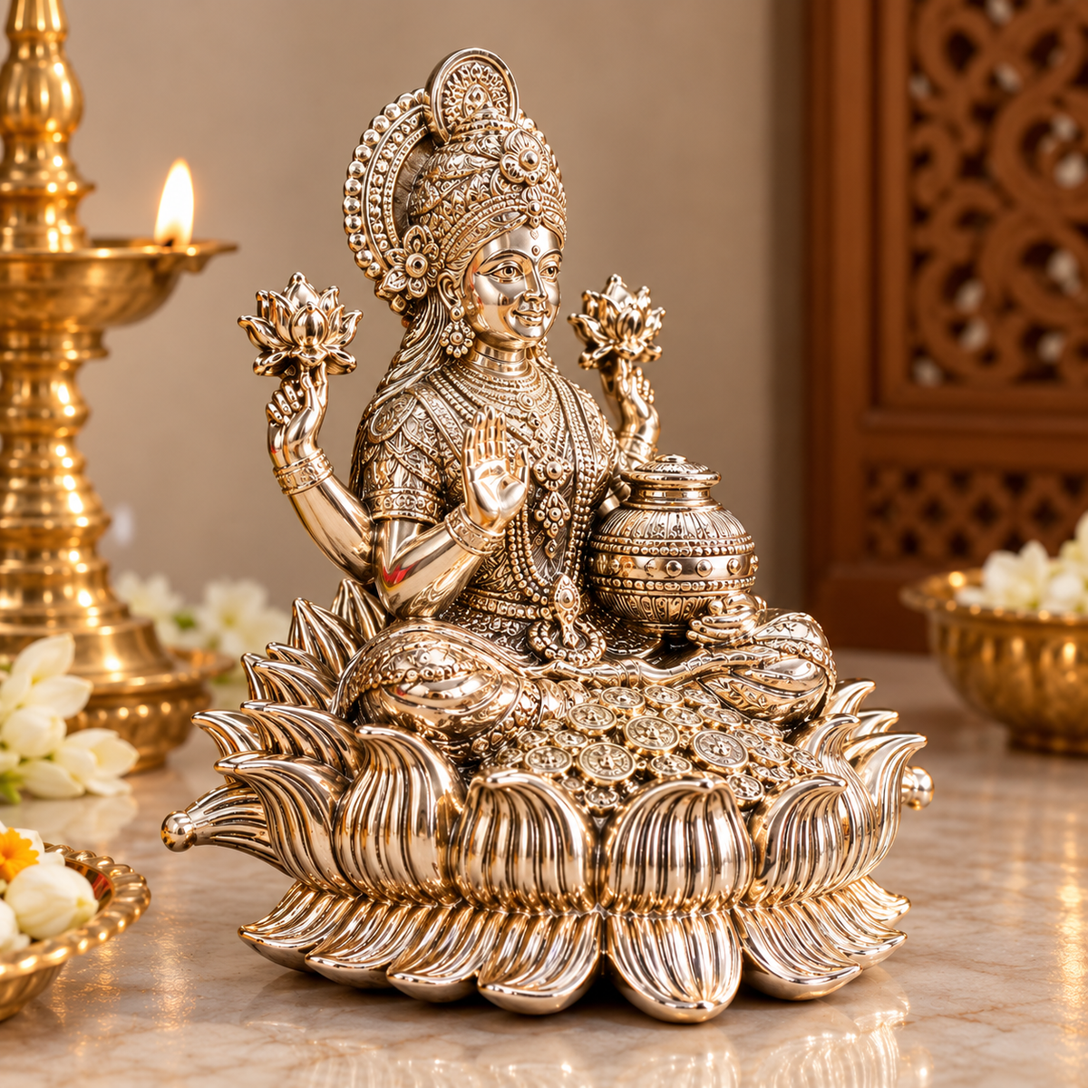 Silver Finish Laxmi Ji Frame on Black Stand