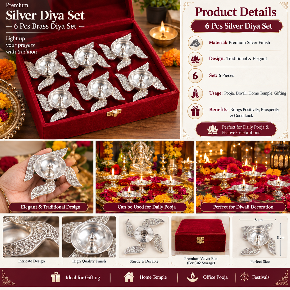 Swastik Silver-Gold Diya Set of 6, Each in Its Own Velvet Box